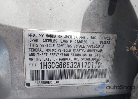 2002 Honda Accord 2.3 Lx из США, поврежденный, VIN 1HGCG66532A170110